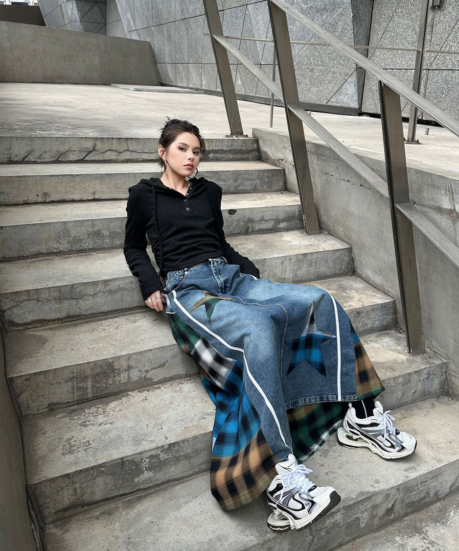 Contrast Check Denim Skirt