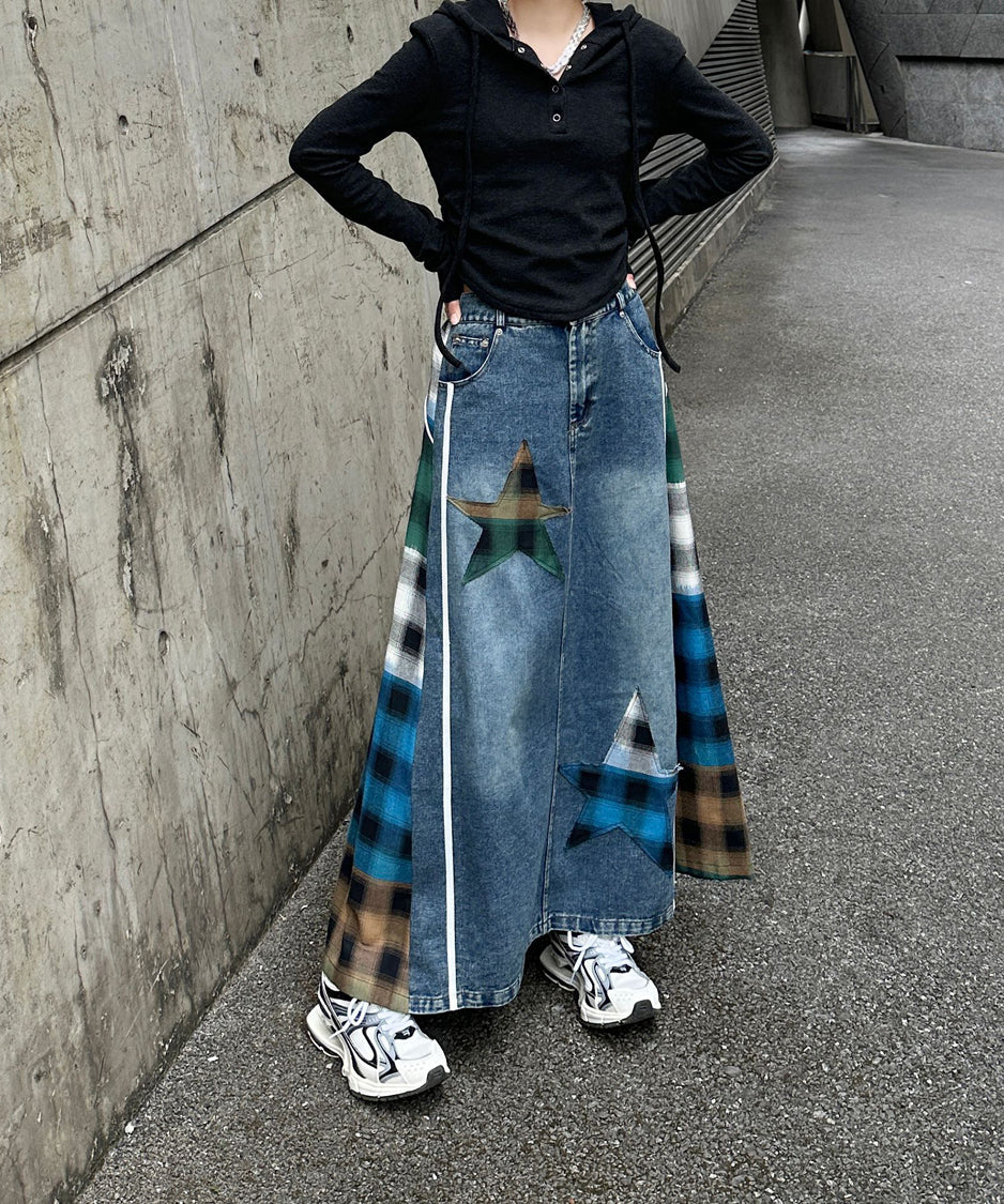 Contrast Check Denim Skirt