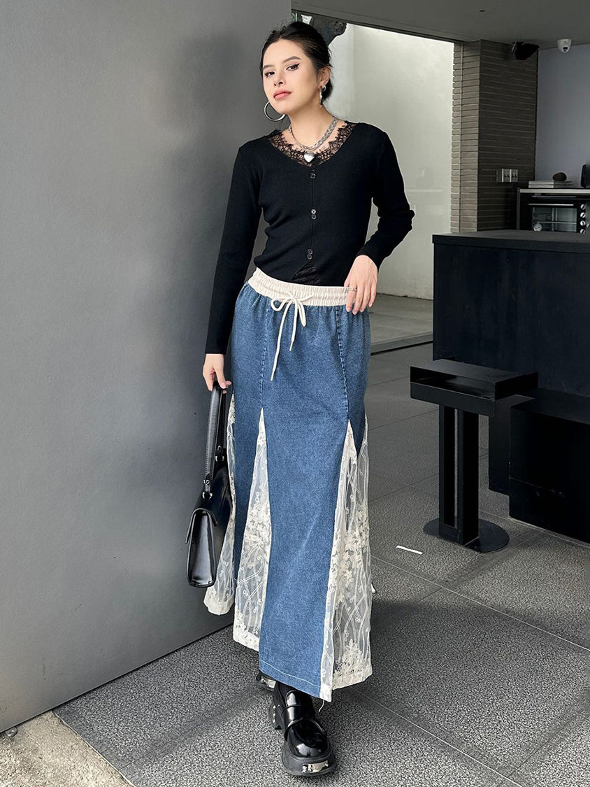 Cross-border lace denim skirt