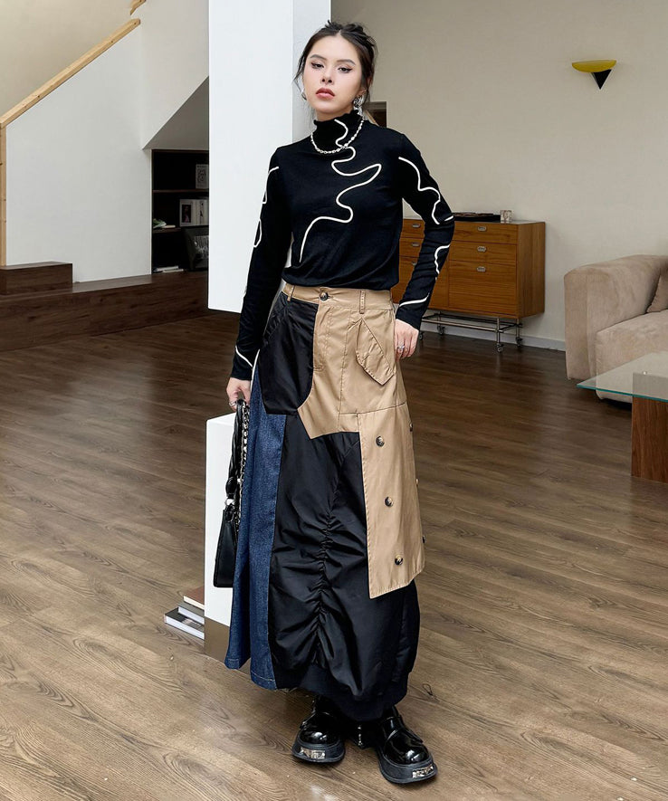 Contrast Denim High-Waist Skirt