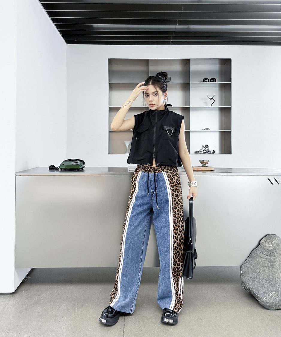 Side leopard print denim pants