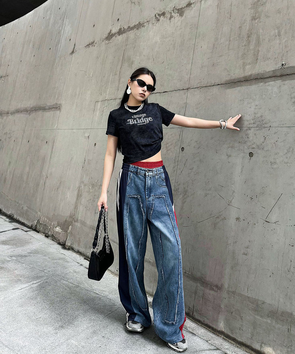 Side line drawstring denim pants