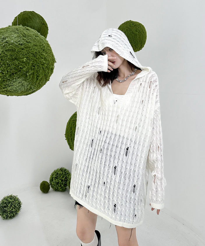 Distressed knit hoodie