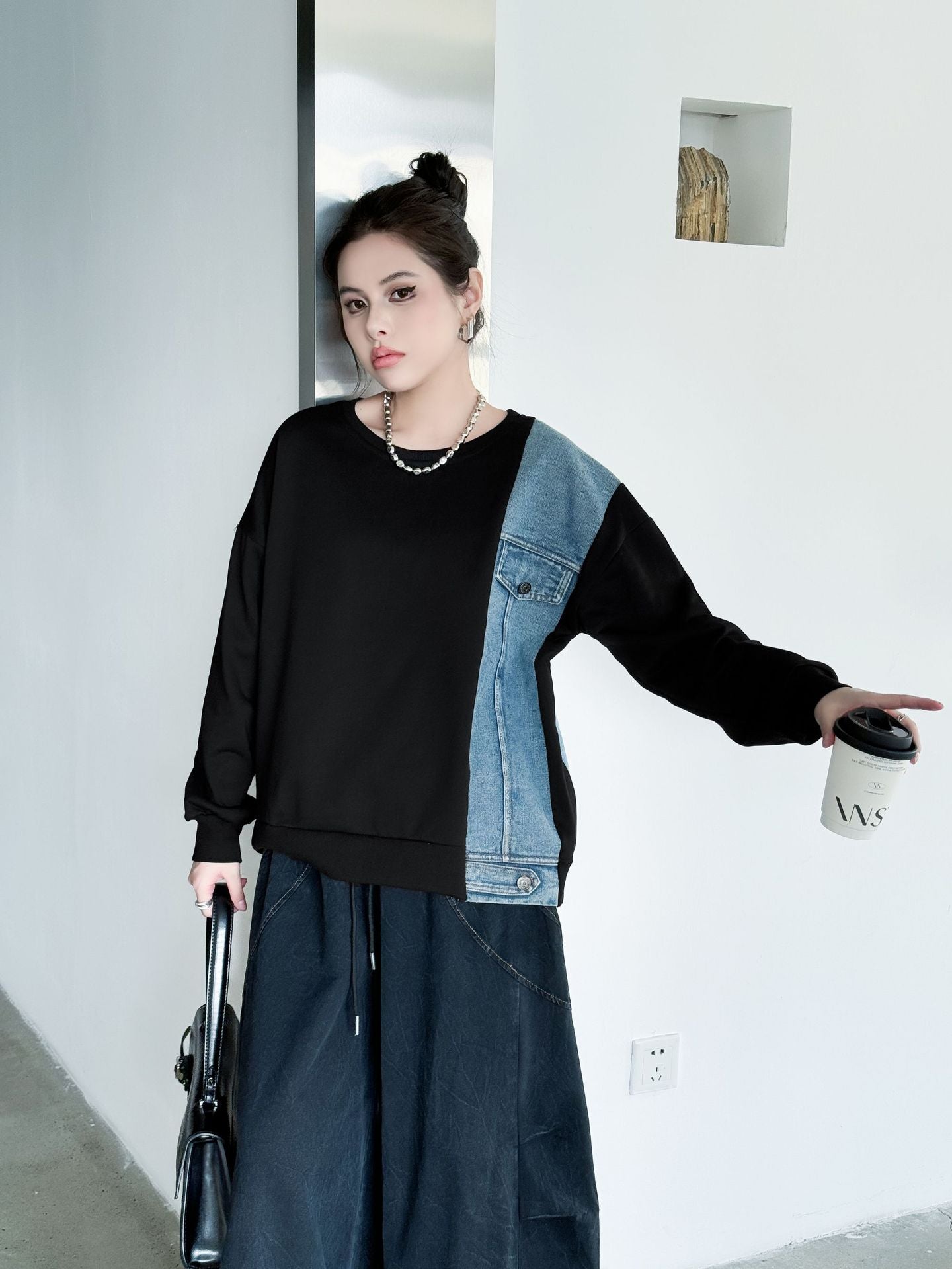 Denim stitch contrast top