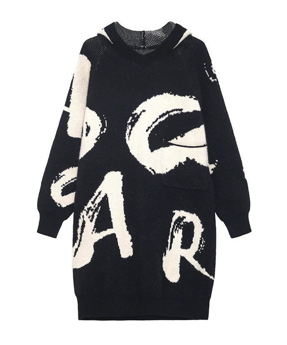 Letter Jacquard Hoodie Knit Dress
