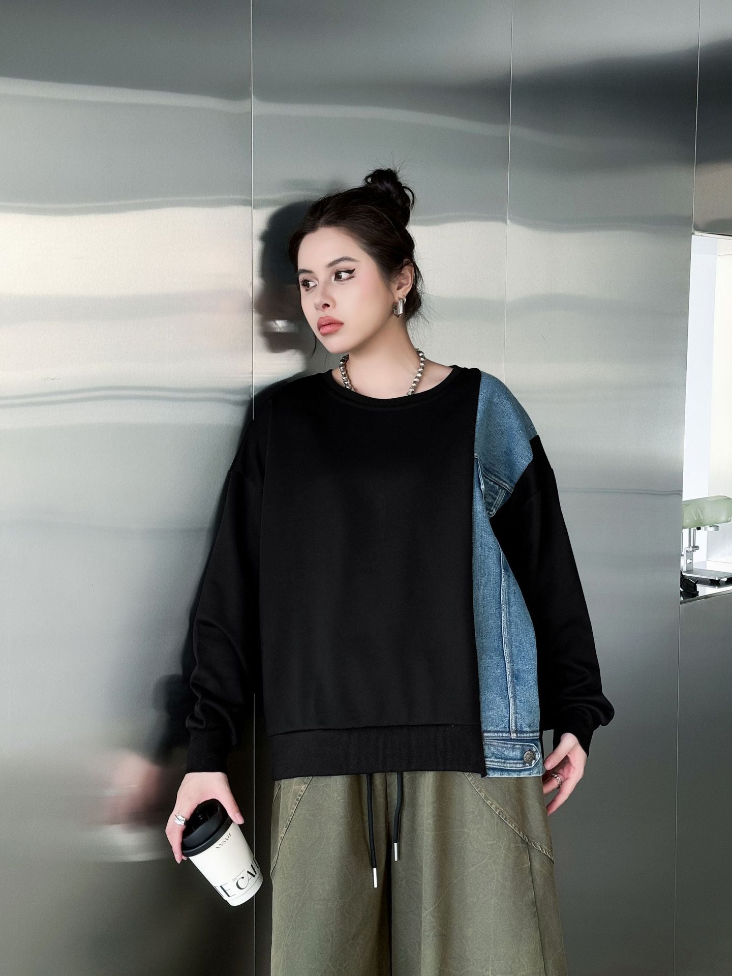 Denim stitch contrast top