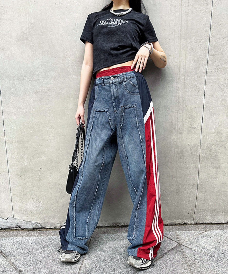 Side line drawstring denim pants