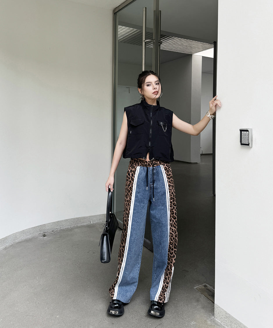 Side leopard print denim pants