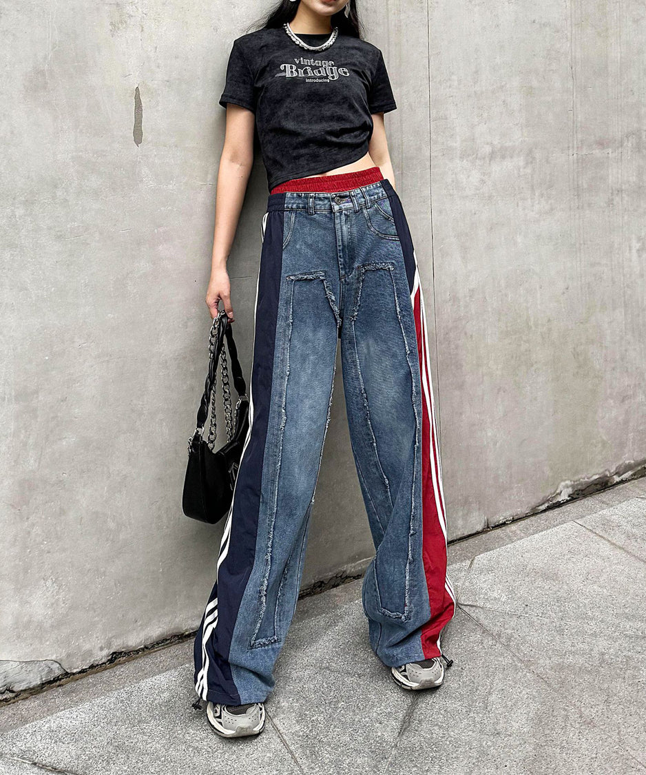 Side line drawstring denim pants