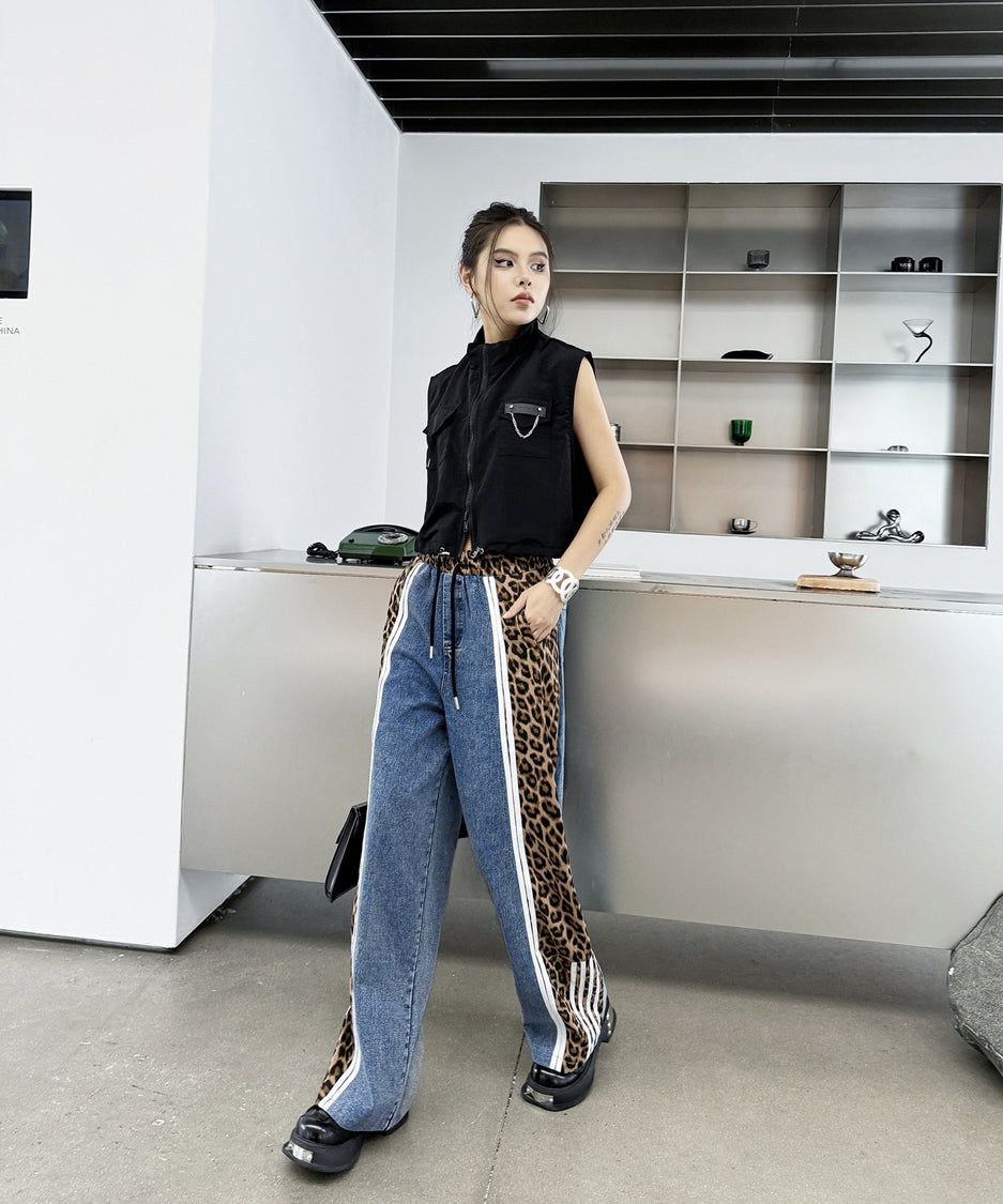 Side leopard print denim pants
