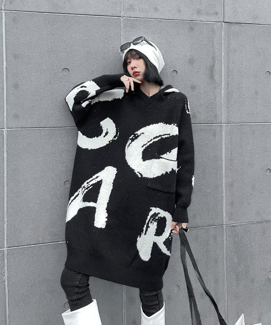 Letter Jacquard Hoodie Knit Dress