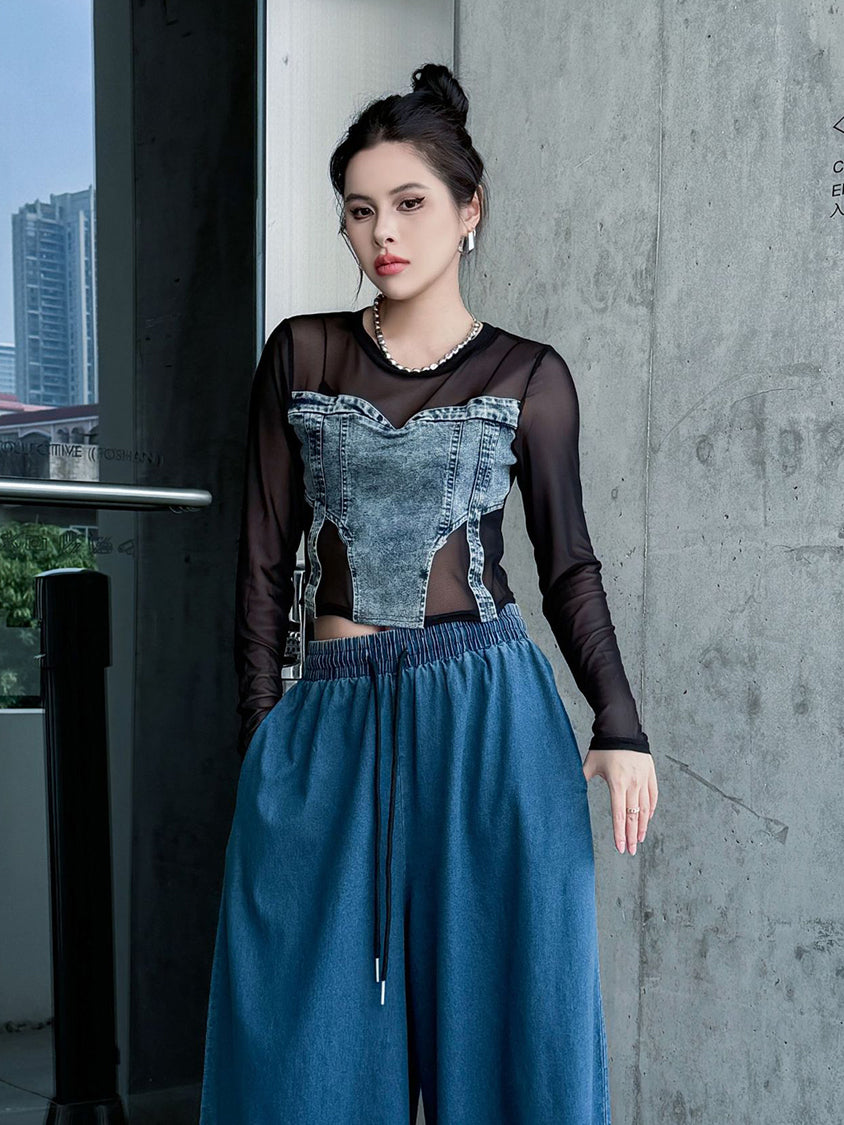Mesh stitch denim top