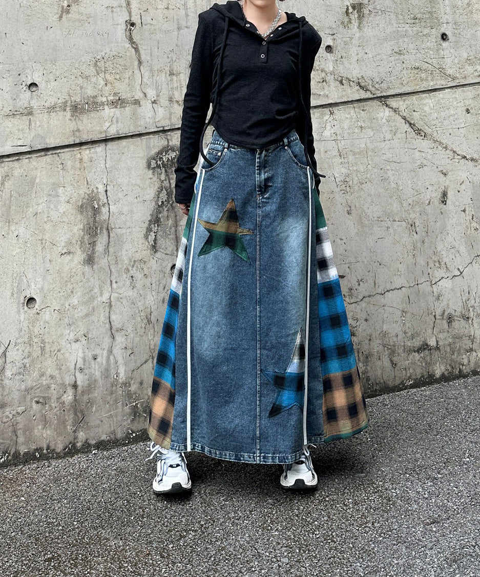 Contrast Check Denim Skirt