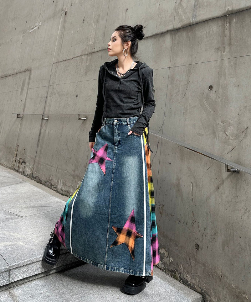 Contrast Check Denim Skirt