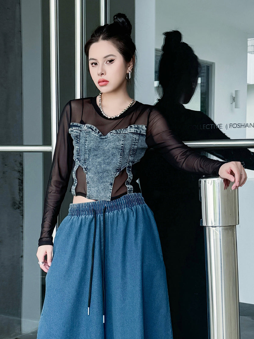 Mesh stitch denim top