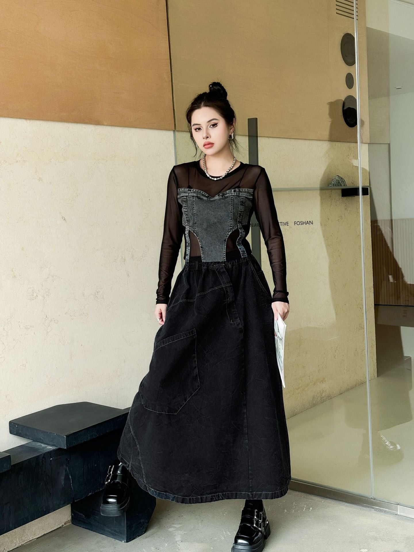 Big Pocket Denim Flare Skirt