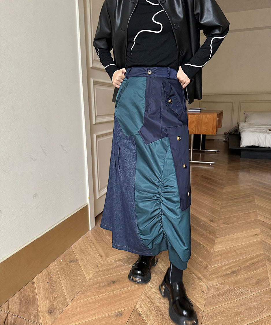 Contrast Denim High-Waist Skirt