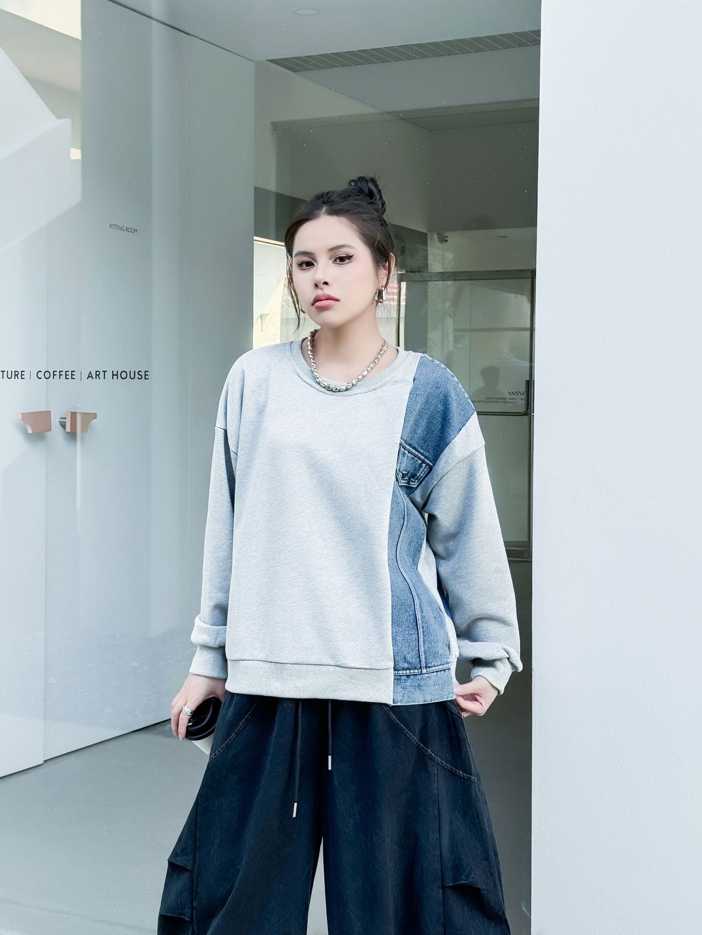 Denim stitch contrast top