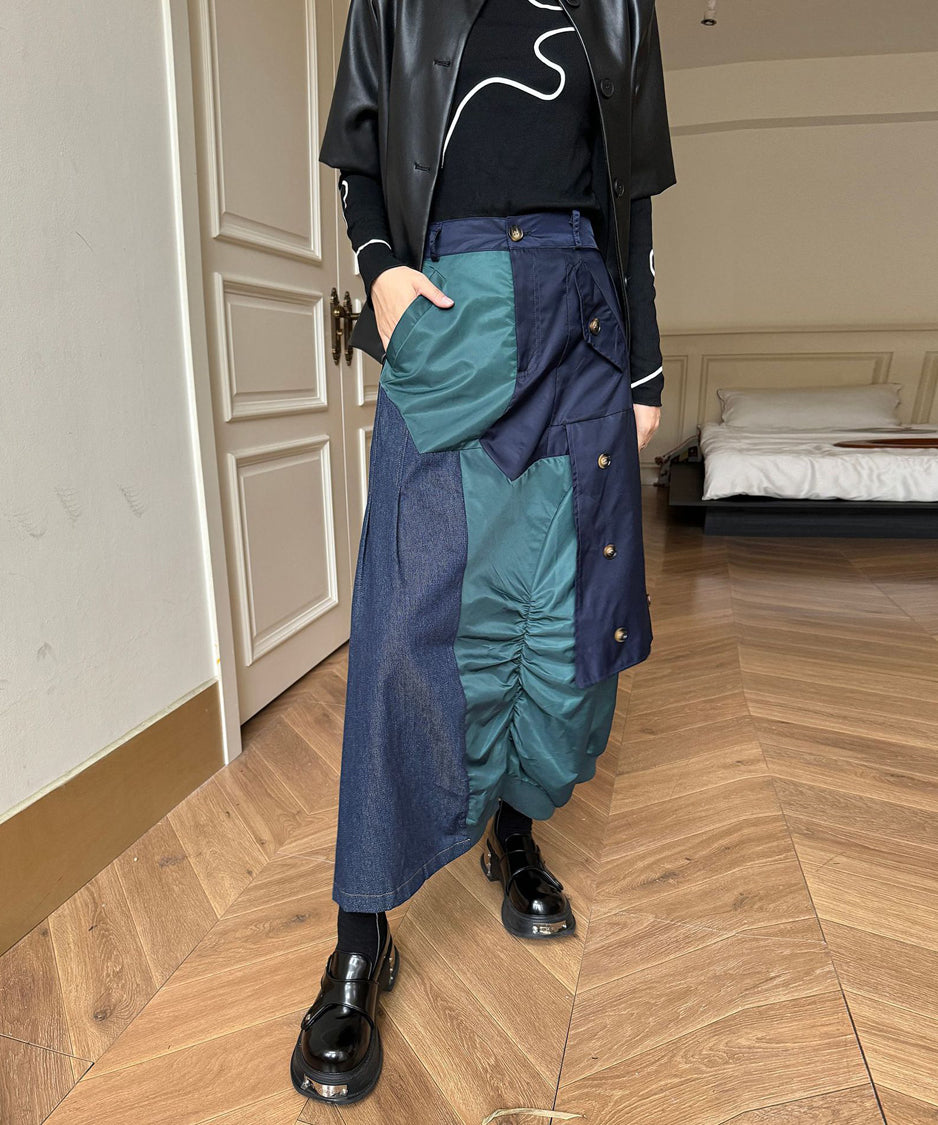 Contrast Denim High-Waist Skirt