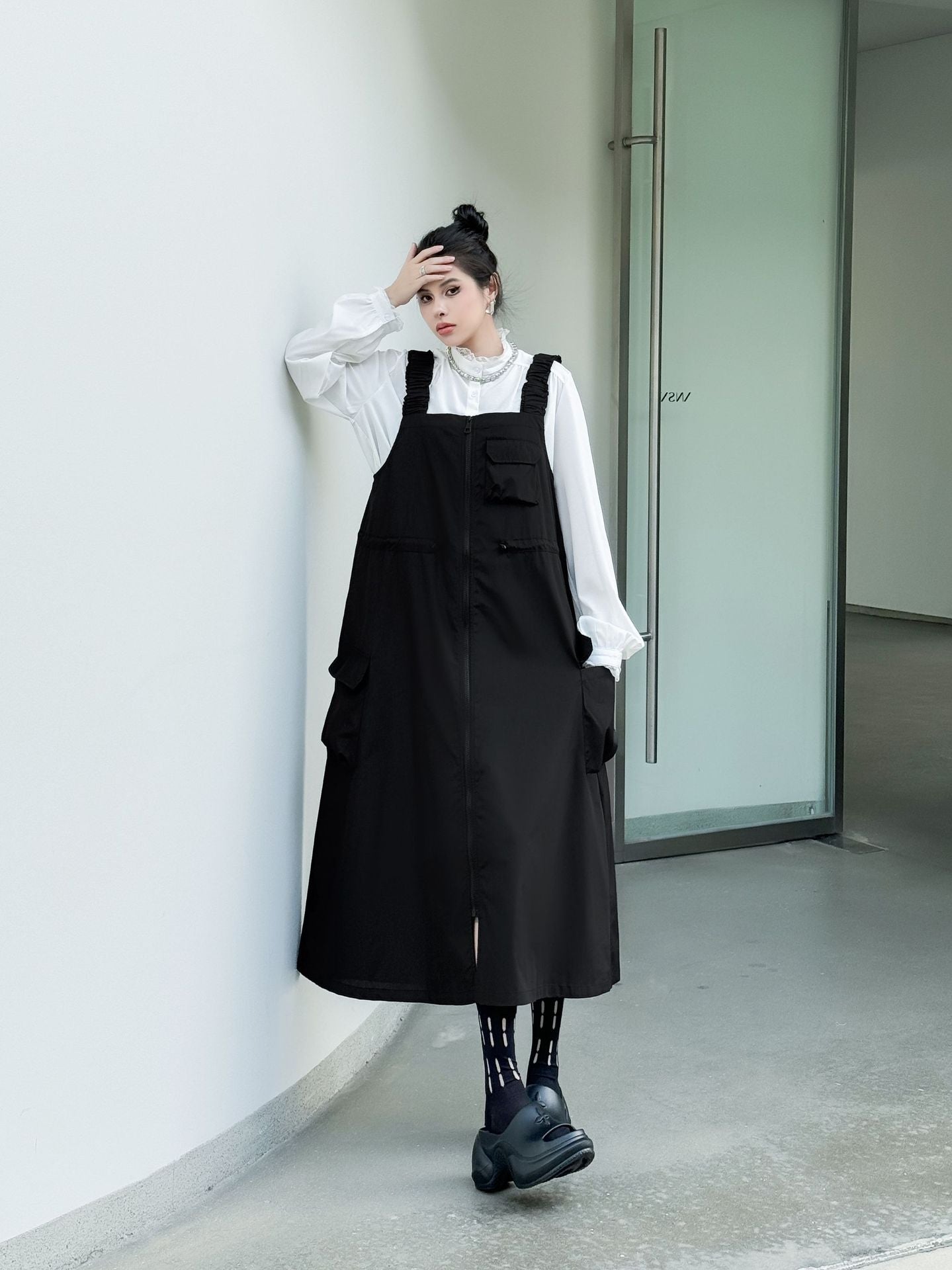 Patchwork Pocket Suspender Dress
