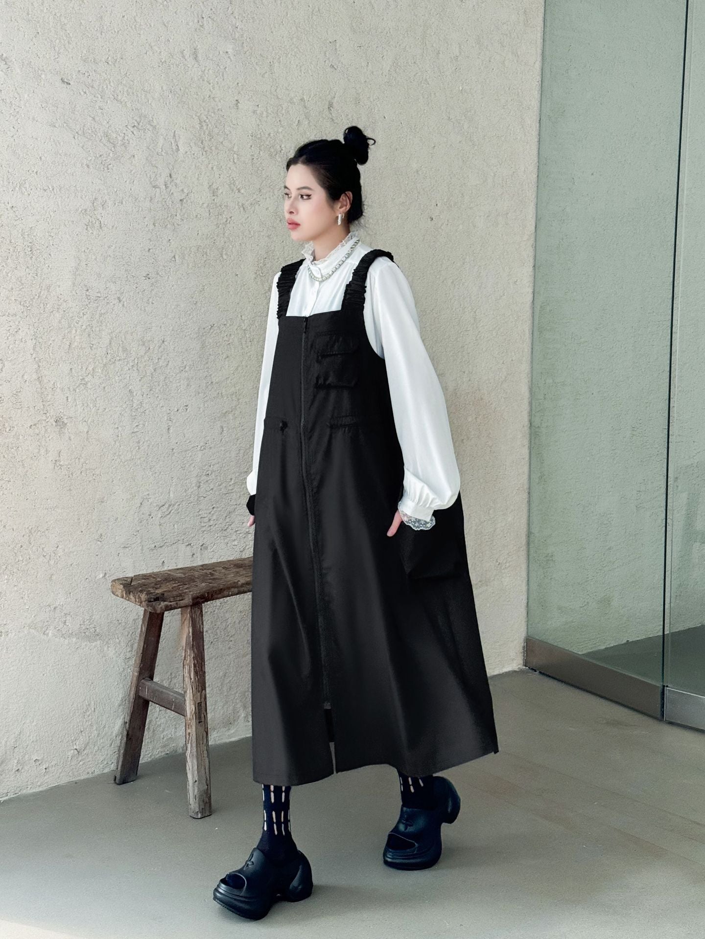 Patchwork Pocket Suspender Dress