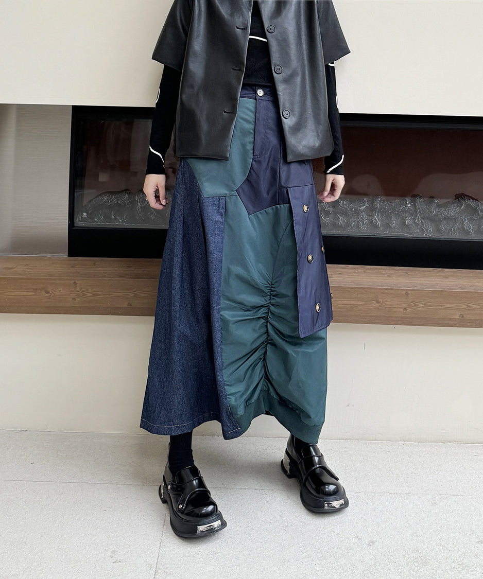 Contrast Denim High-Waist Skirt