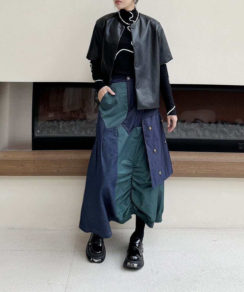 Contrast Denim High-Waist Skirt