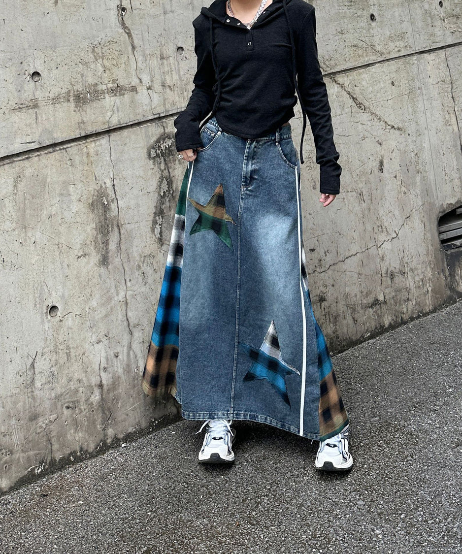 Contrast Check Denim Skirt