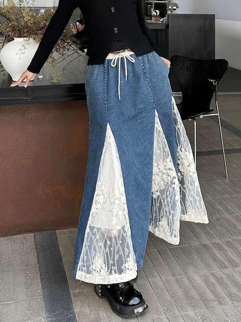 Cross-border lace denim skirt