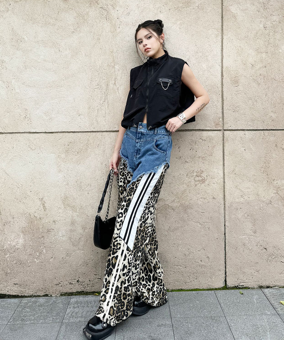 Leopard print contrast denim pants