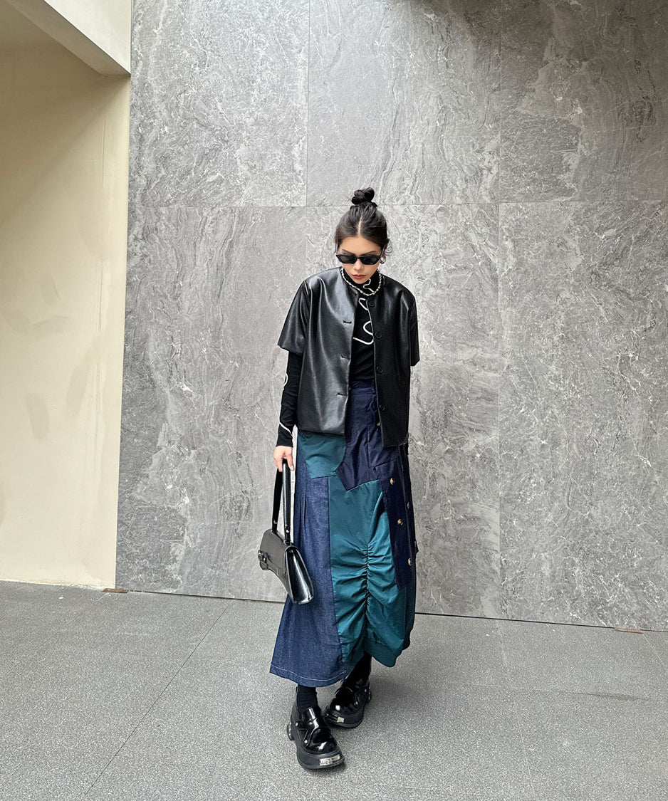 Contrast Denim High-Waist Skirt