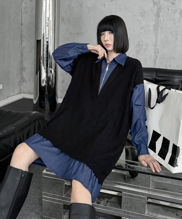 Denim knit layered dress