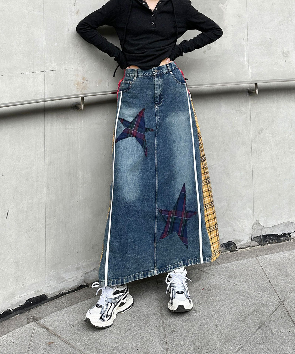 Contrast Check Denim Skirt