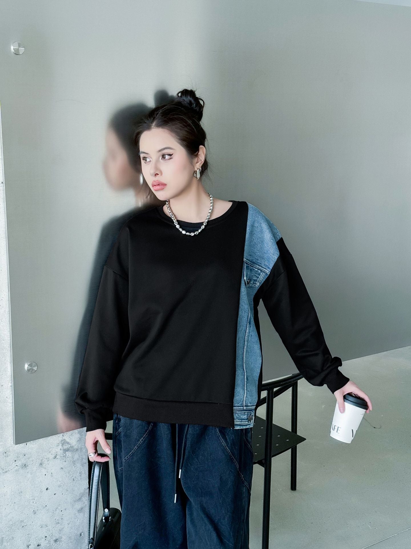 Denim stitch contrast top