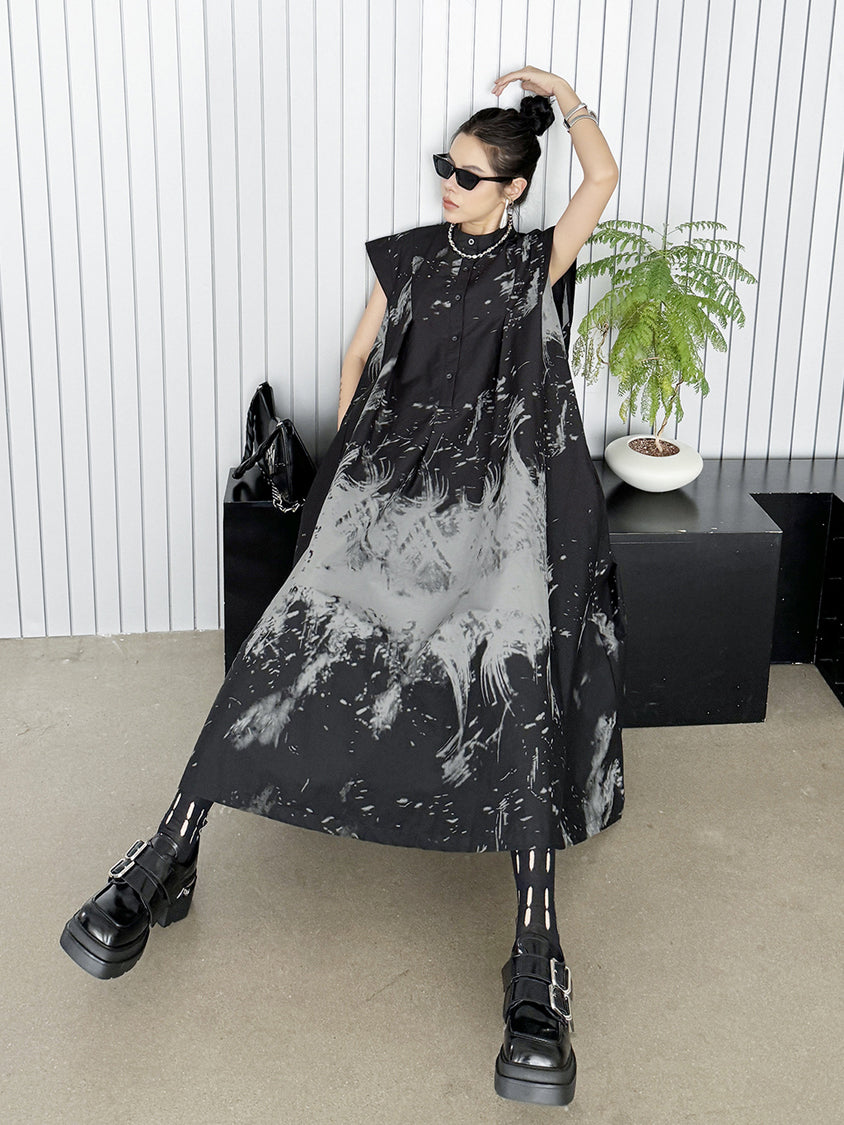 French Sleeve Print Flared Dress