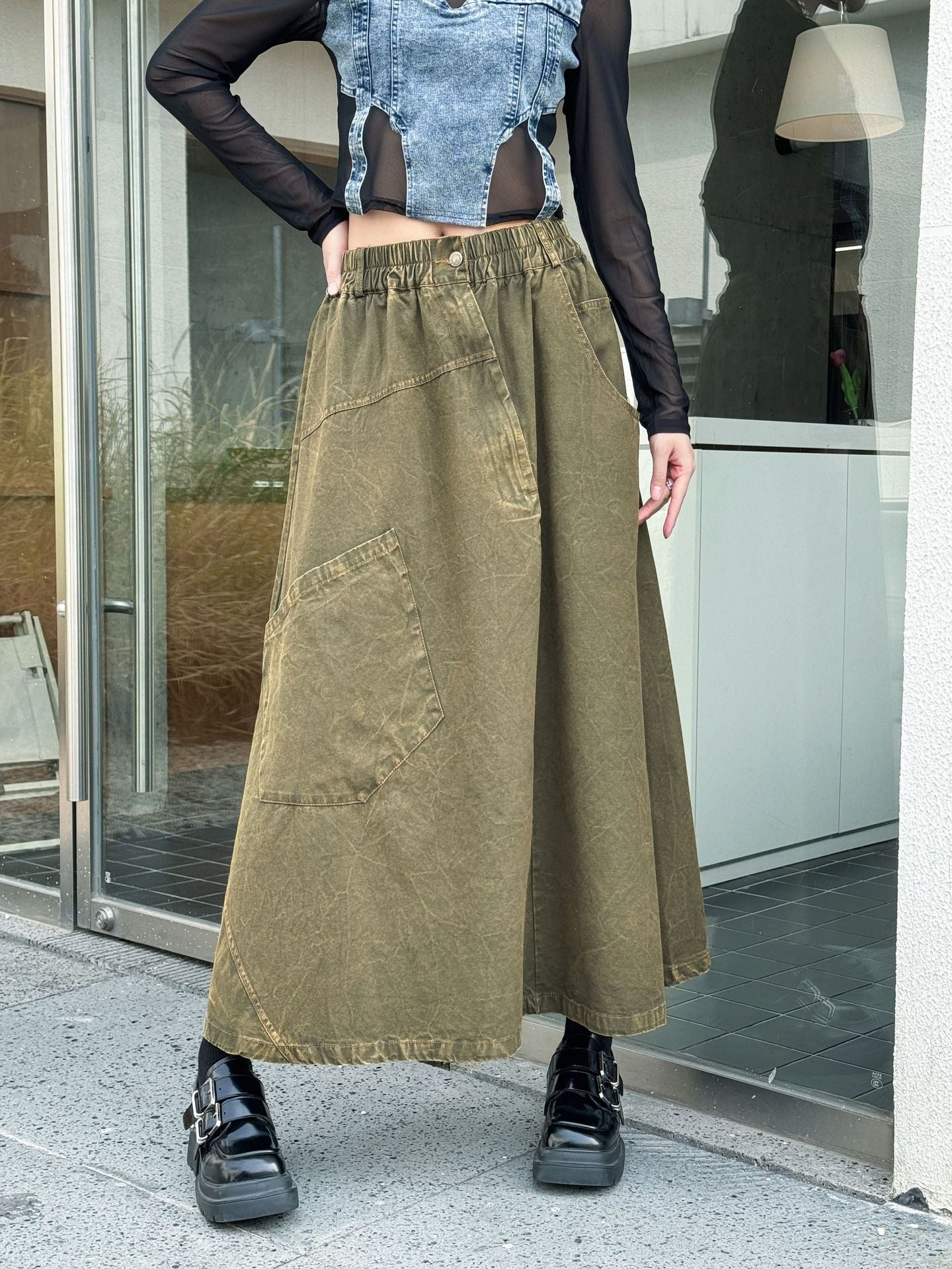 Big Pocket Denim Flare Skirt