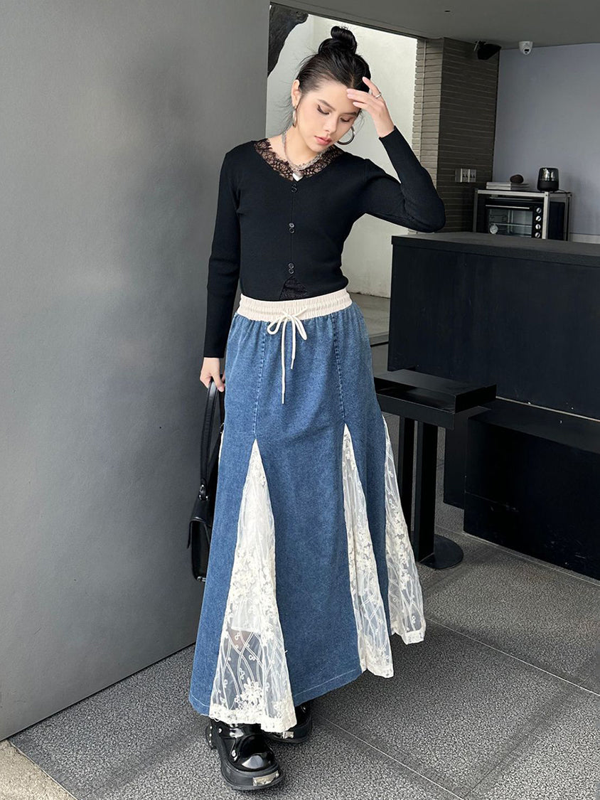 Cross-border lace denim skirt
