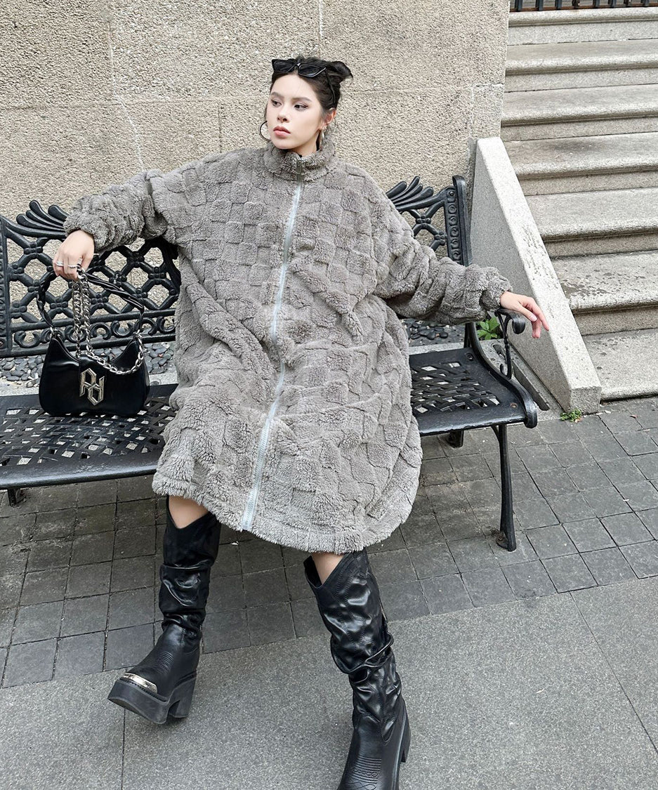 Checkered Pattern Boa Coat