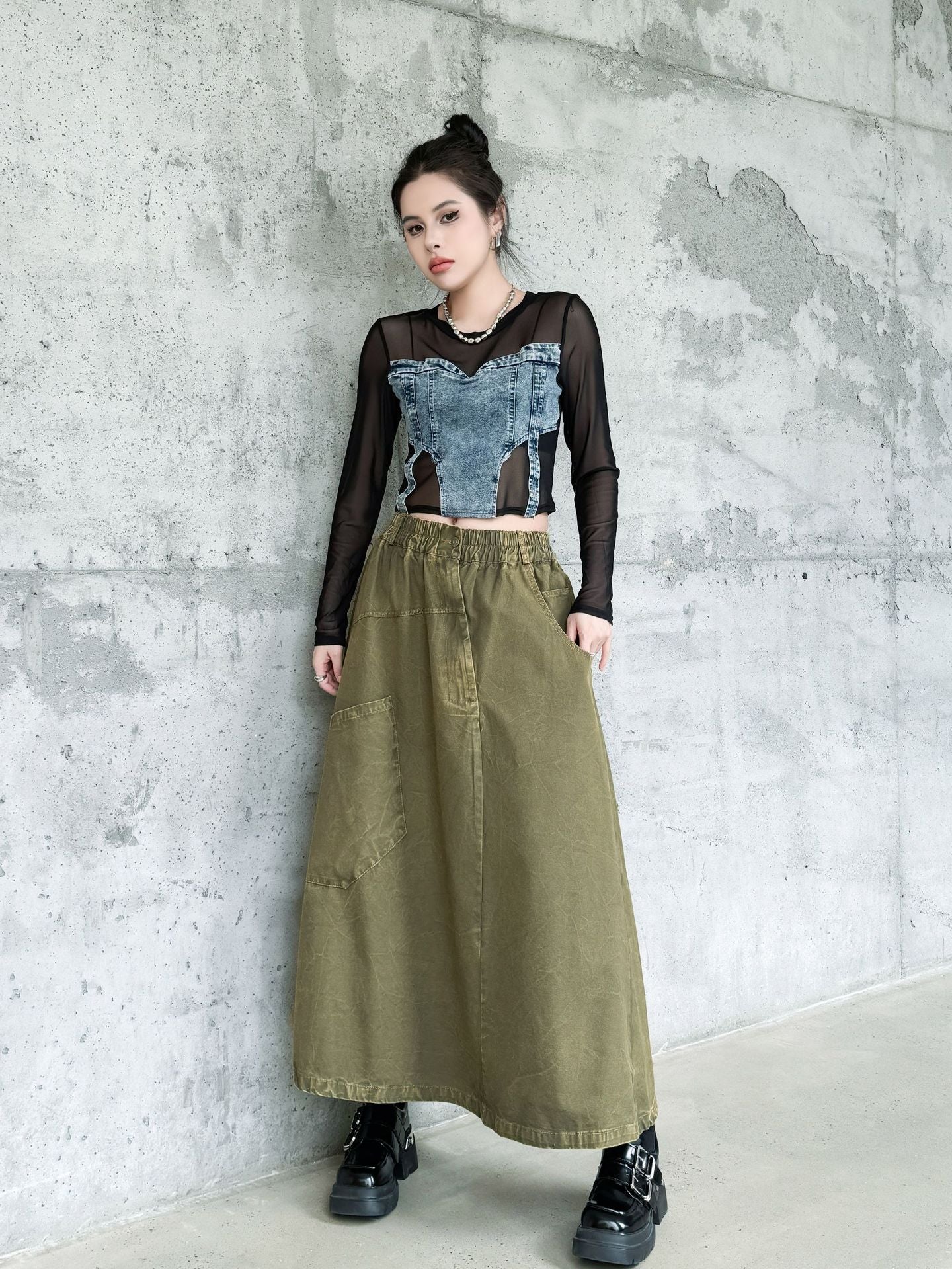 Big Pocket Denim Flare Skirt