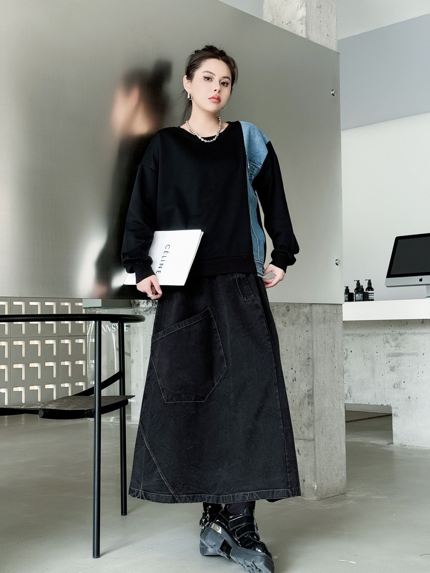 Big Pocket Denim Flare Skirt