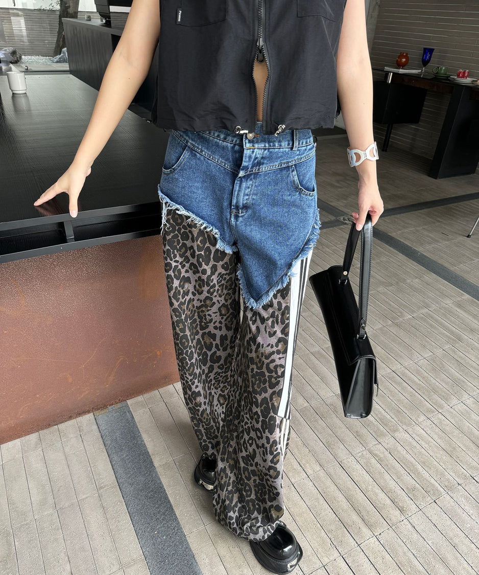 Leopard print contrast denim pants