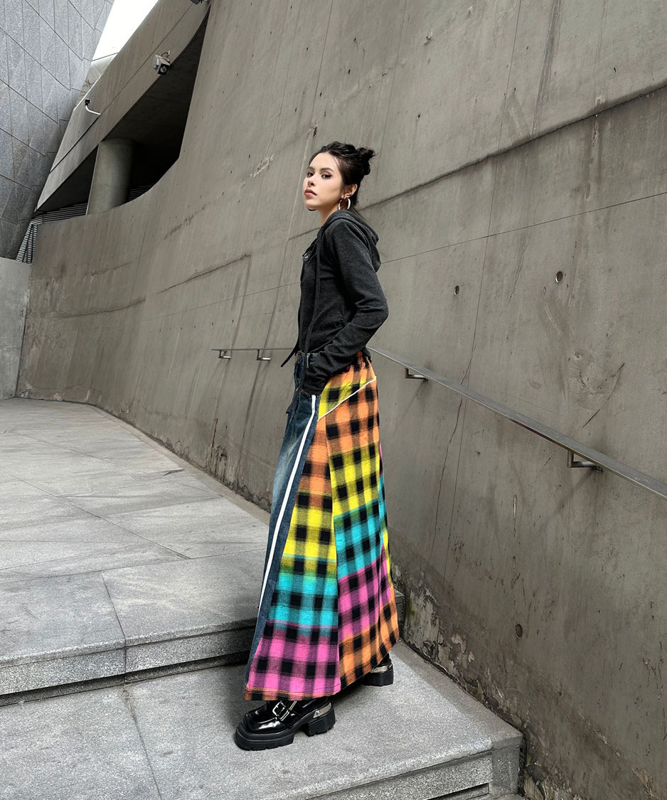 Contrast Check Denim Skirt