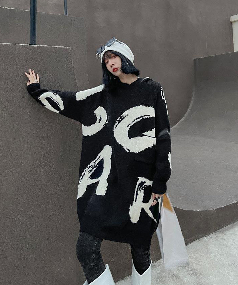Letter Jacquard Hoodie Knit Dress