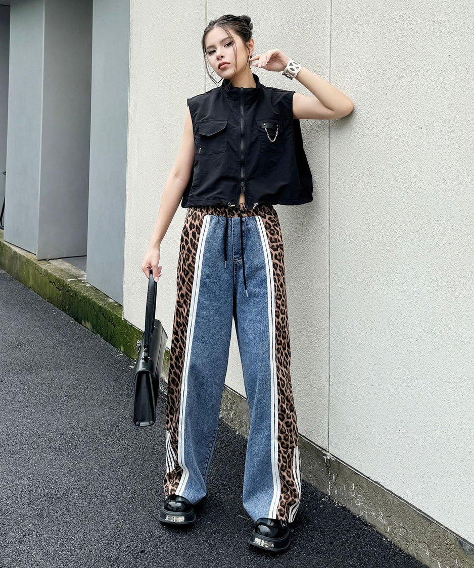 Side leopard print denim pants