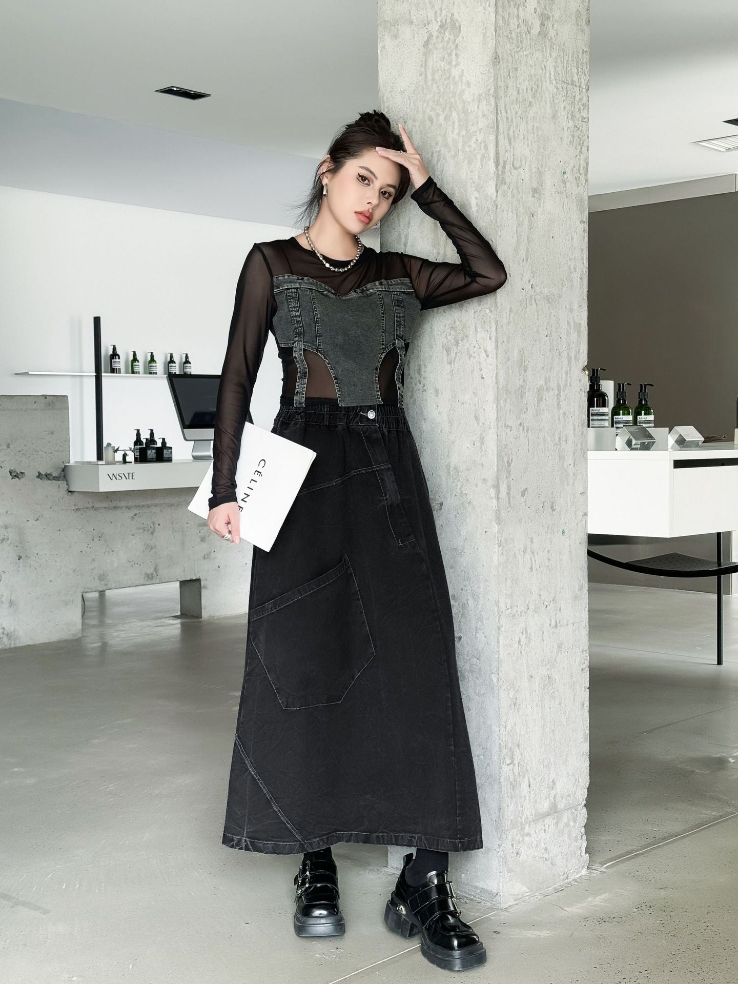 Big Pocket Denim Flare Skirt