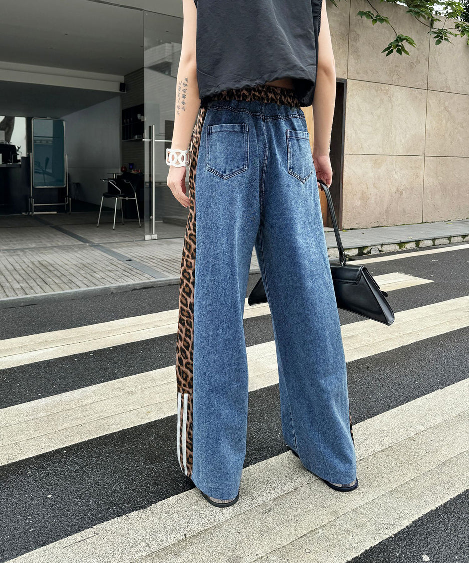 Side leopard print denim pants