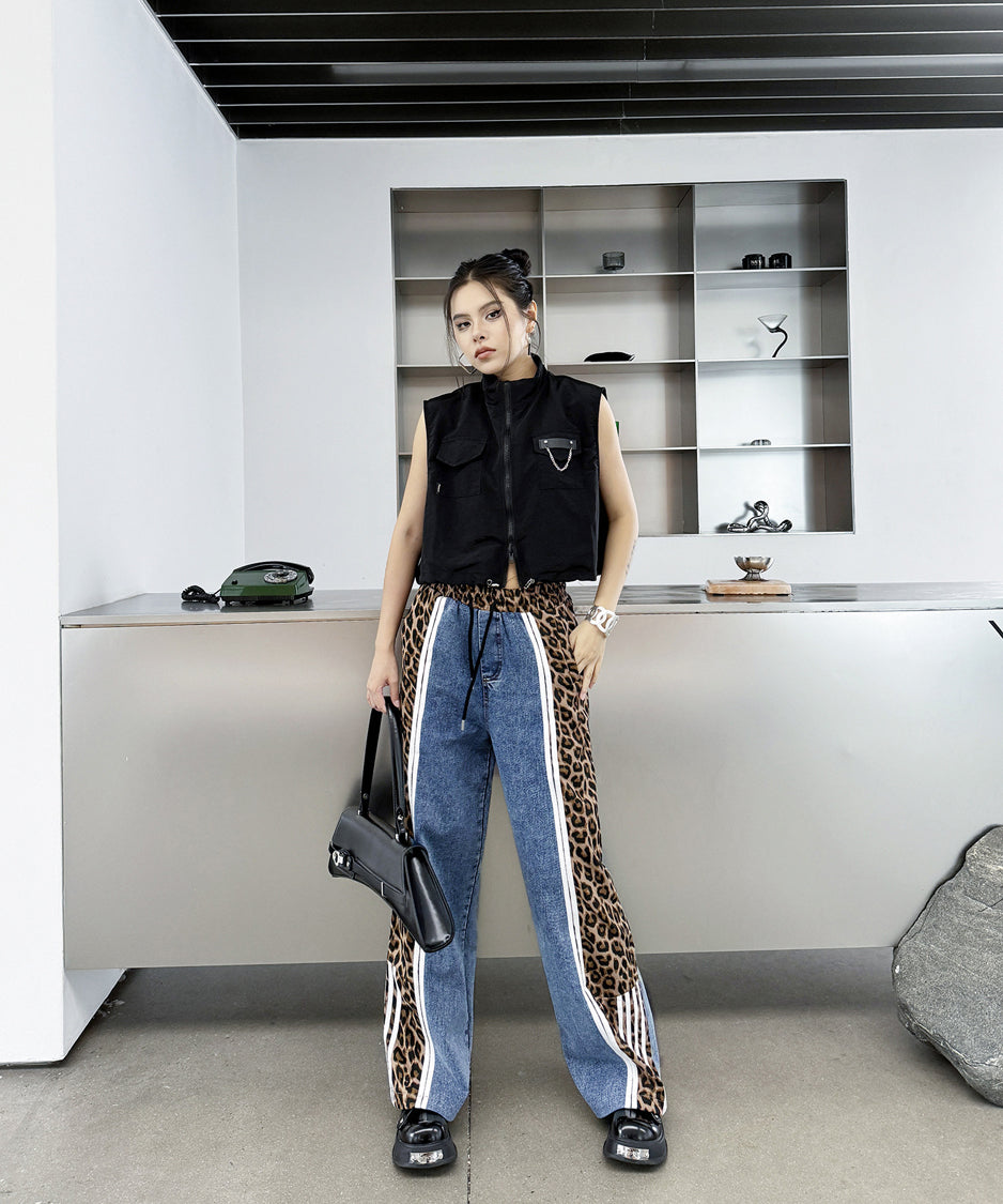 Side leopard print denim pants
