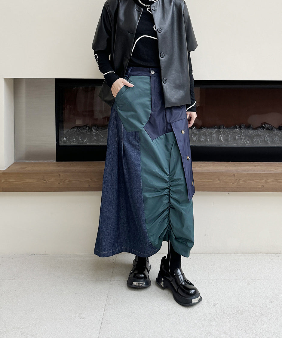 Contrast Denim High-Waist Skirt