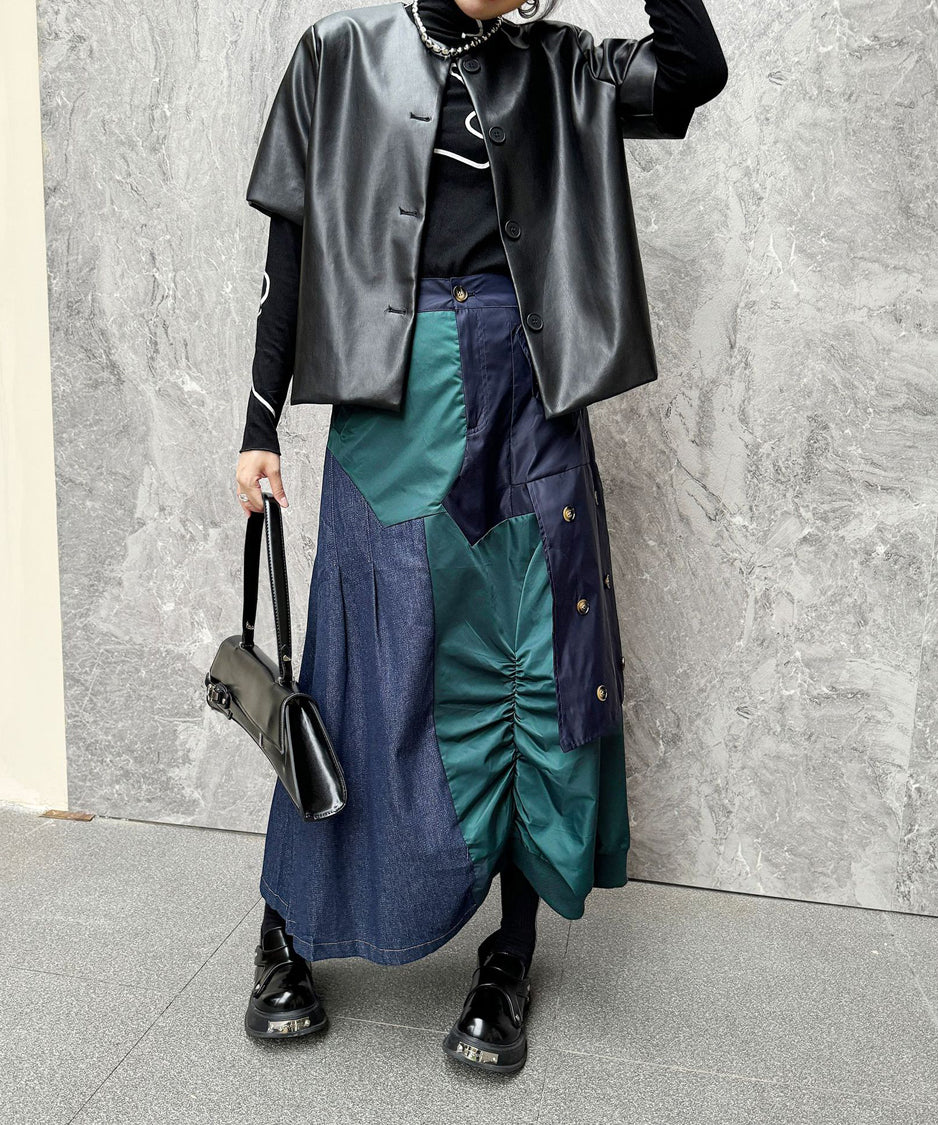 Contrast Denim High-Waist Skirt
