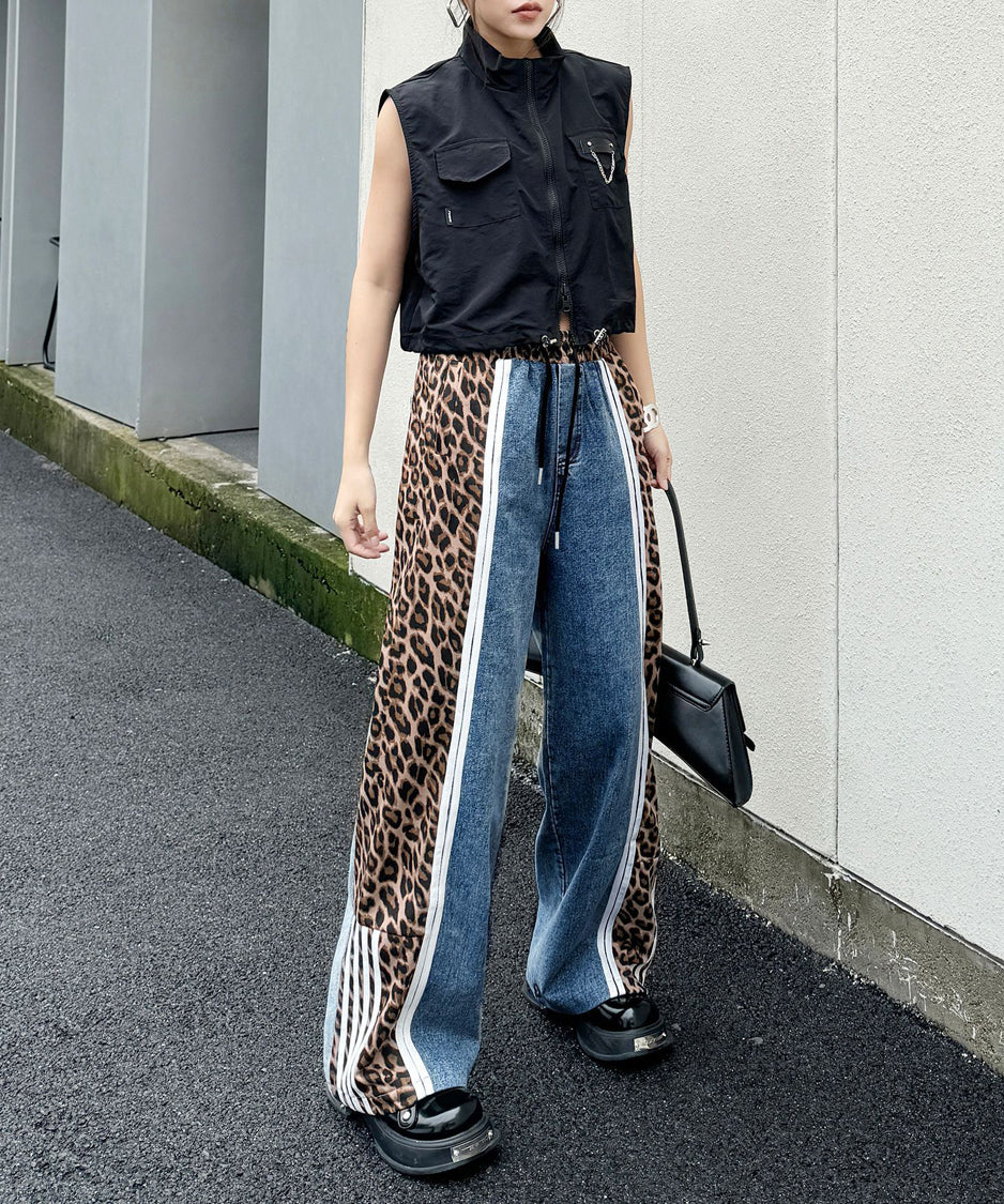 Side leopard print denim pants